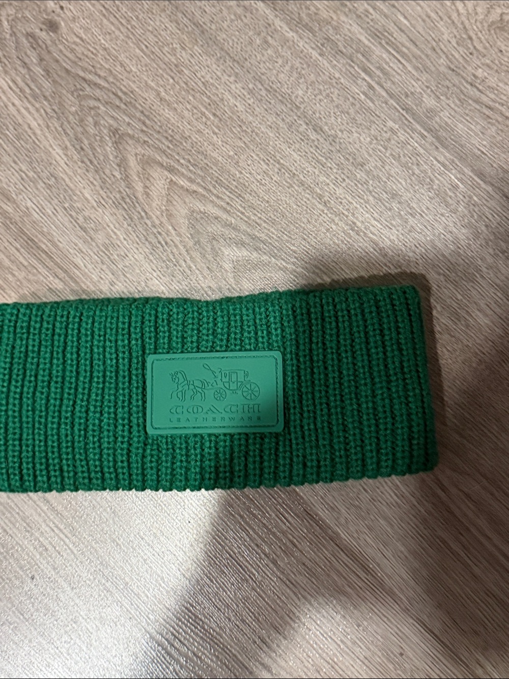 Coach Green Rib Knit Headband with Embossed Leather Patch - Men Accessories